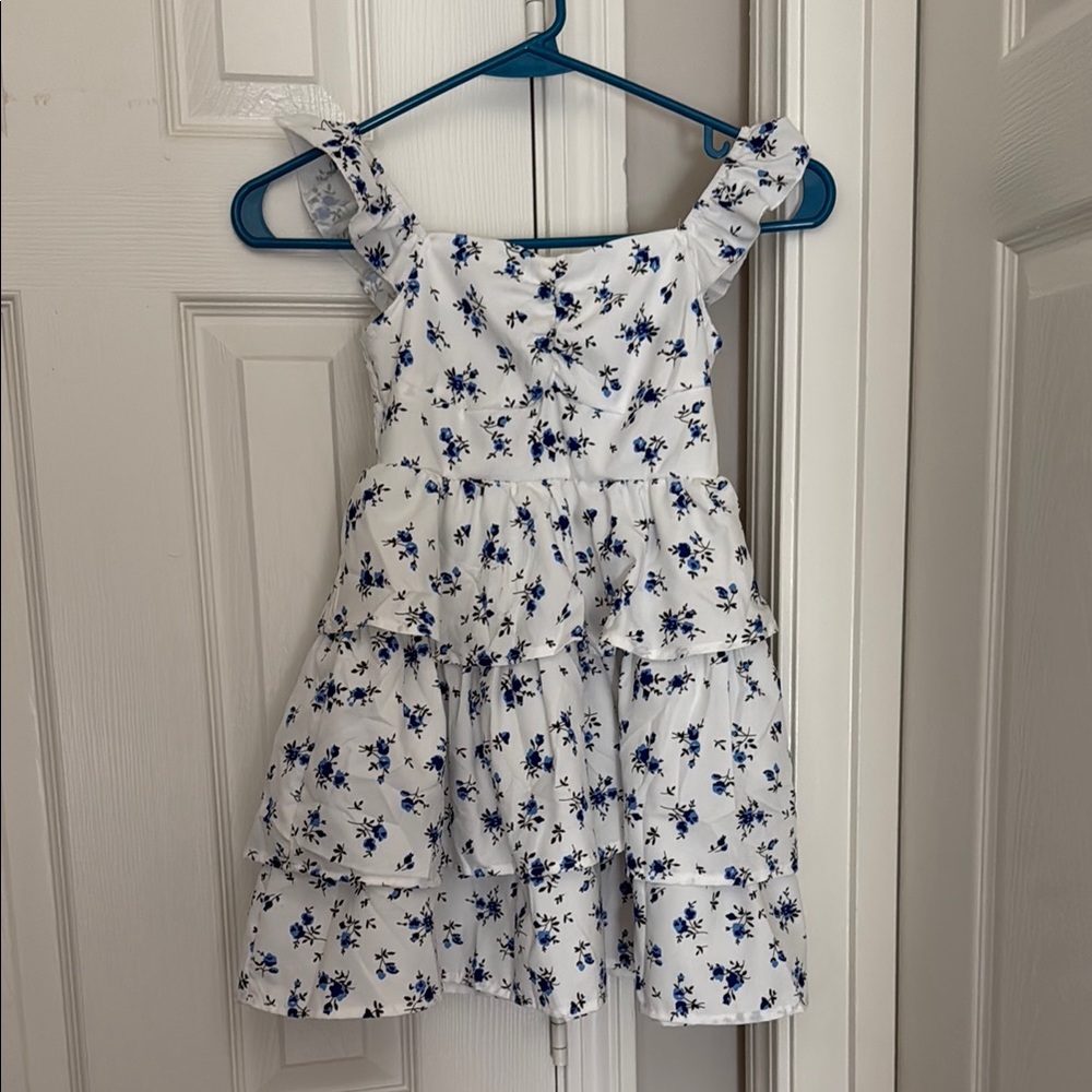 Floral Ruffle Kids Dress - White and Blue Only wore 1 x
